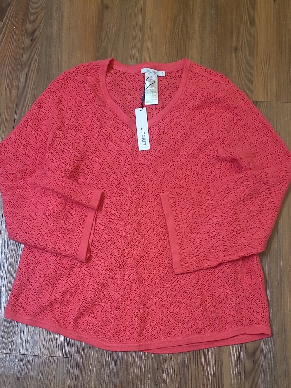 Chico's Coral Eyelet V-Neck Sweater